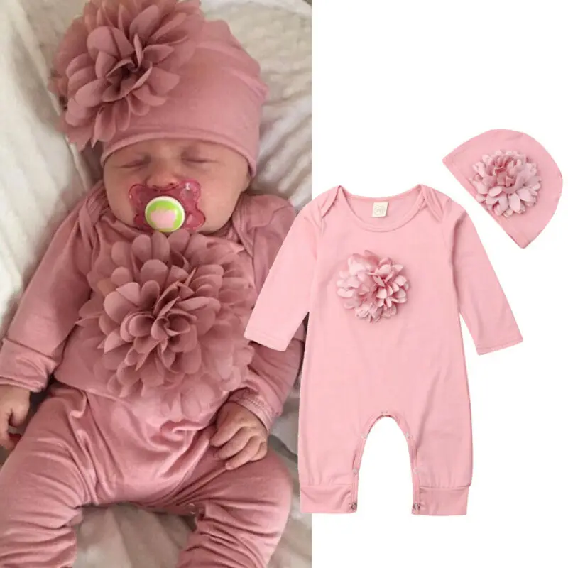 Baby Products Sale - VISgogo 2 cs 新生児ロンパース春秋女の赤ちゃん服花綿ブレンドジャンプスーツ全体 + 帽子スーツ