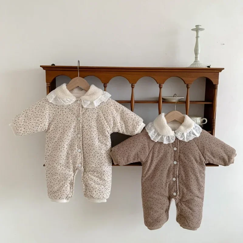 Baby Products Sale - 新生児用フード付きコットンジャンプスーツ,厚手のロンパース,フローラルプリンセスボディ,暖かい服,秋冬,韓国語