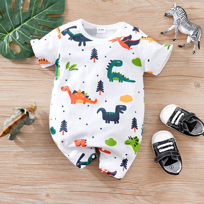 Baby Products Sale - 漫画恐竜プリントコットンジャンプスーツ、半袖、かわいい新生児服、快適で柔らかい、男の子と女の子、0-18、フル、夏