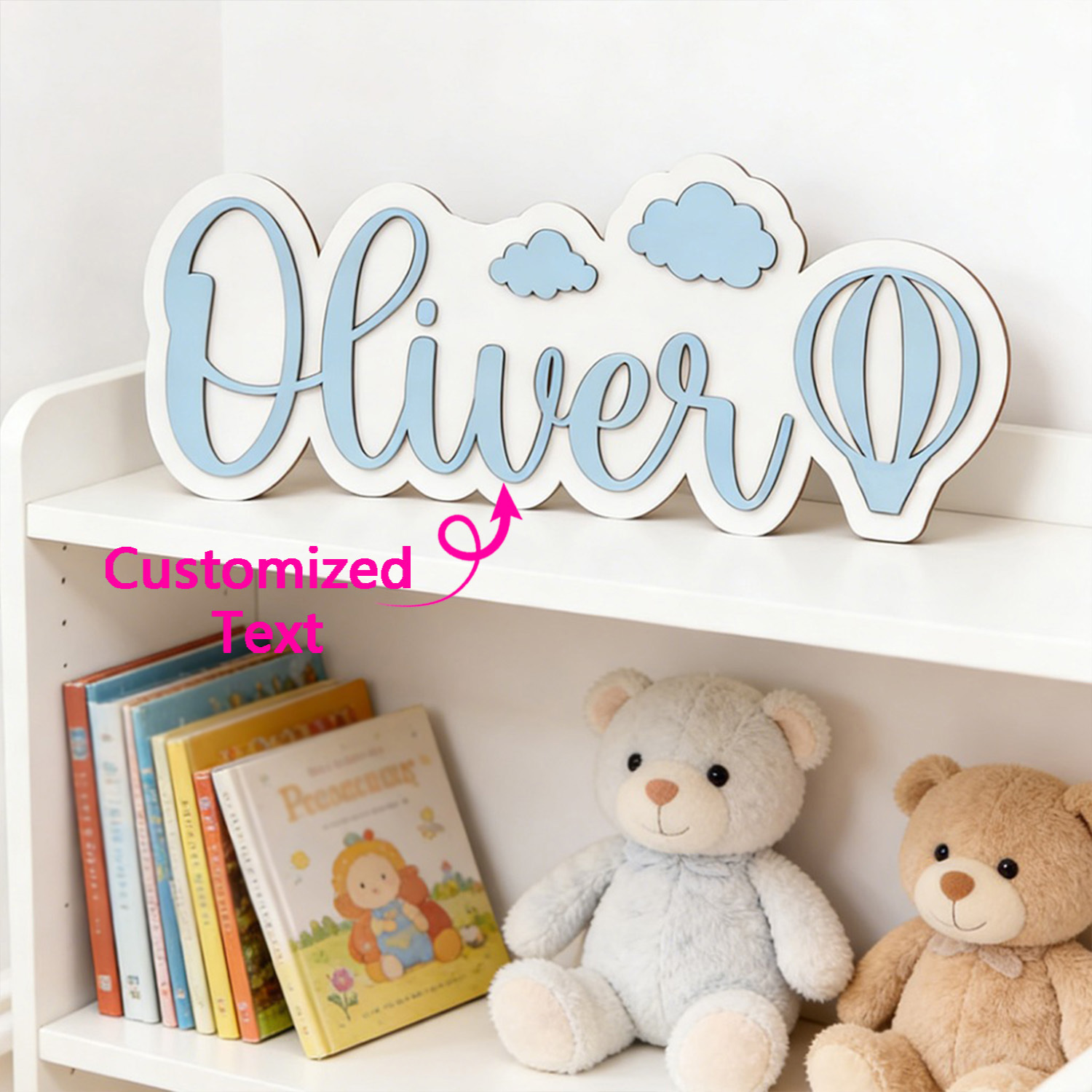 Baby Products Decoration - パーソナライズされた熱気球と雲の名前入りルームサイン、カスタマイズ可能なパステルブルーの木製飾り板、保育園の寝室の装飾、素敵な贈り物