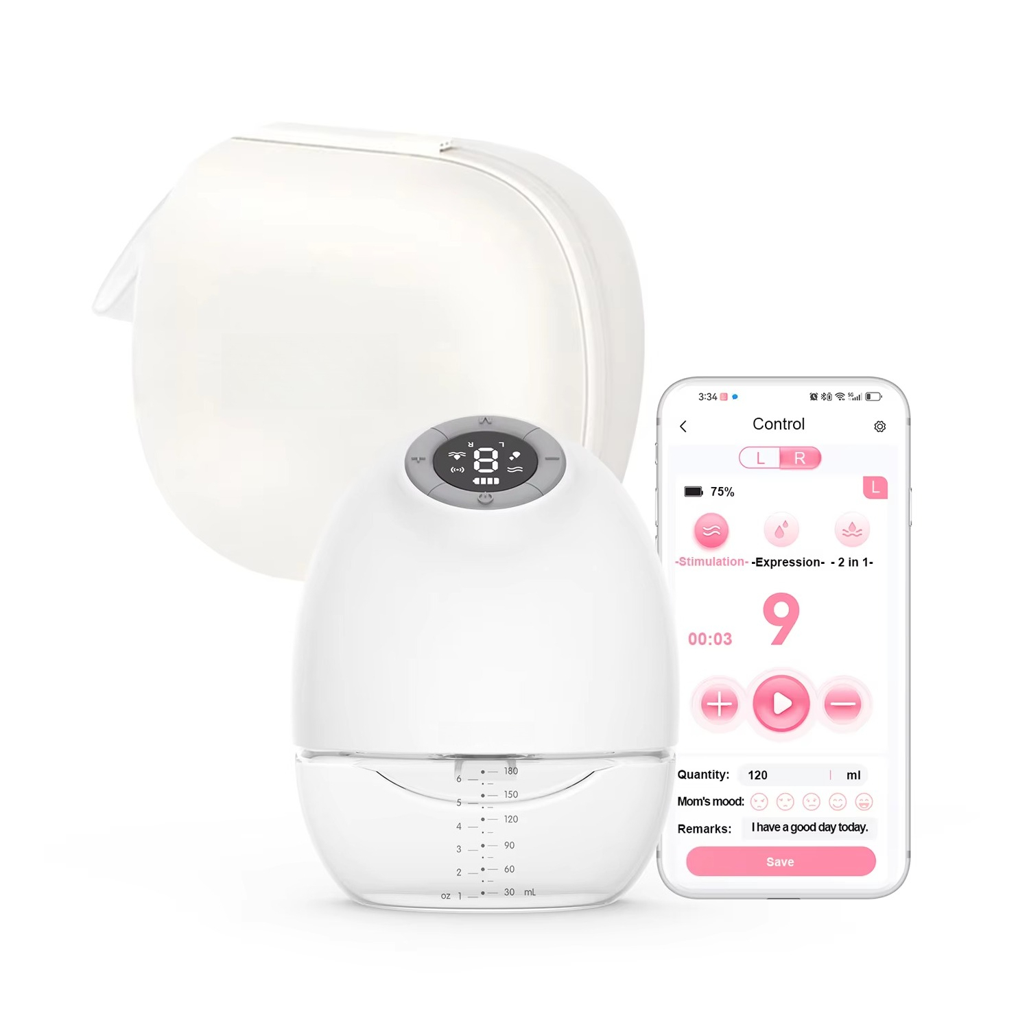 Breast Pump - 卸売アプリ制御ハンズフリー電動ウェアラブル搾乳器、静音、ミルク量記録、収納バッグ付き